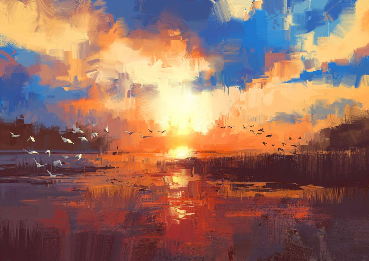 όμορφη ζωγραφική που δείχνει ηλιοβασίλεμα στη λίμνη, εικονογράφηση παζλ online