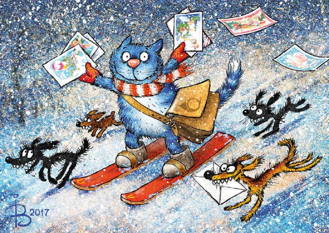 Російський блакитний кіт, дуже стильний різдвяний листоноша онлайн пазл