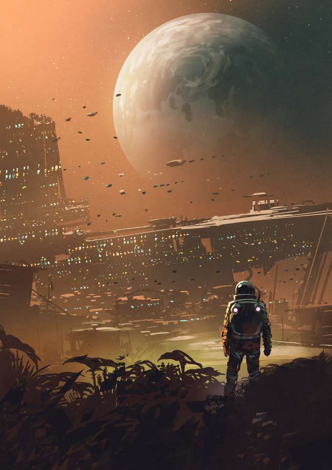 Astronauta mirando ciudad futurista en el planeta rompecabezas en línea