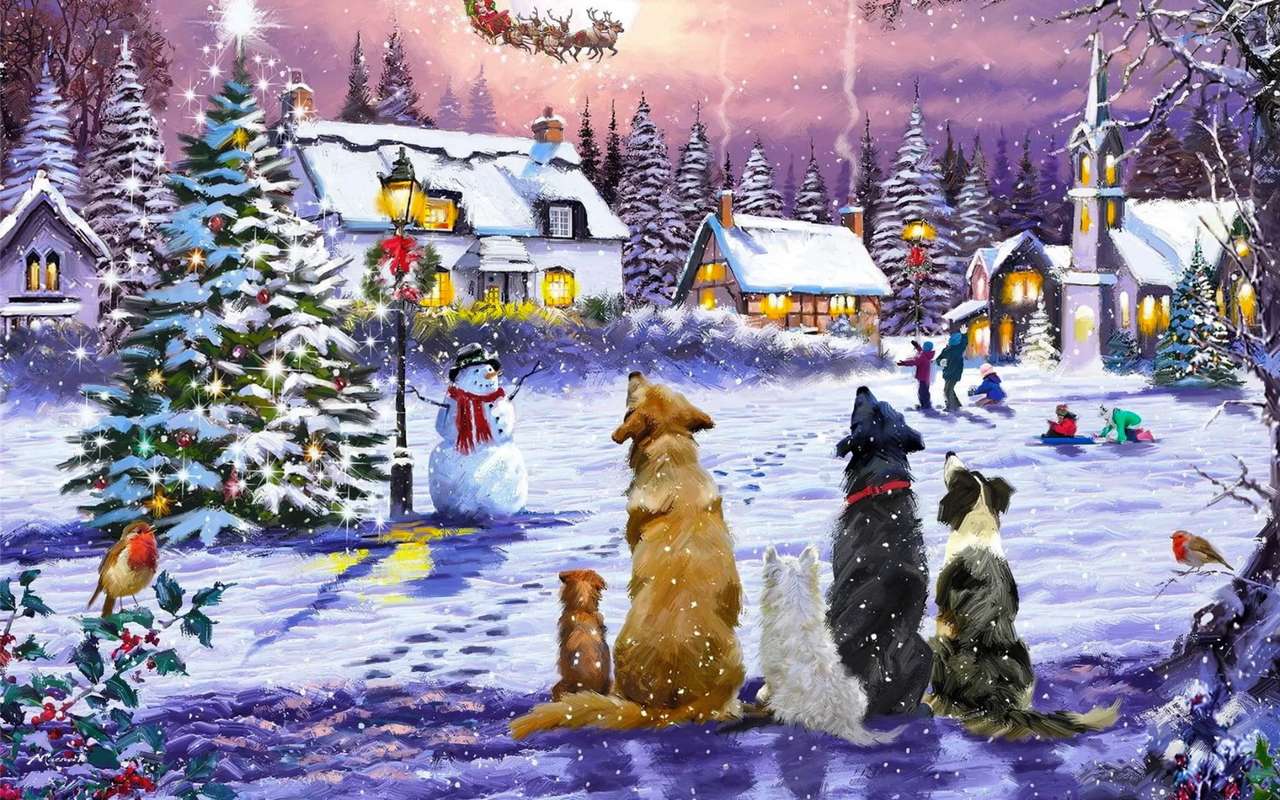 Noël canin : choeur de chiens dans la nuit étoilée puzzle en ligne