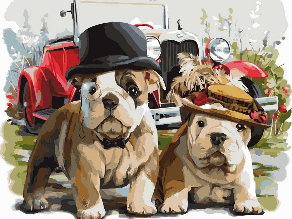 帽子をかぶった2匹の犬-描かれた絵 オンラインパズル