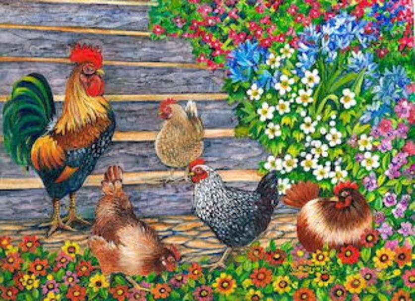 Coqs et poules dans le jardin puzzle en ligne