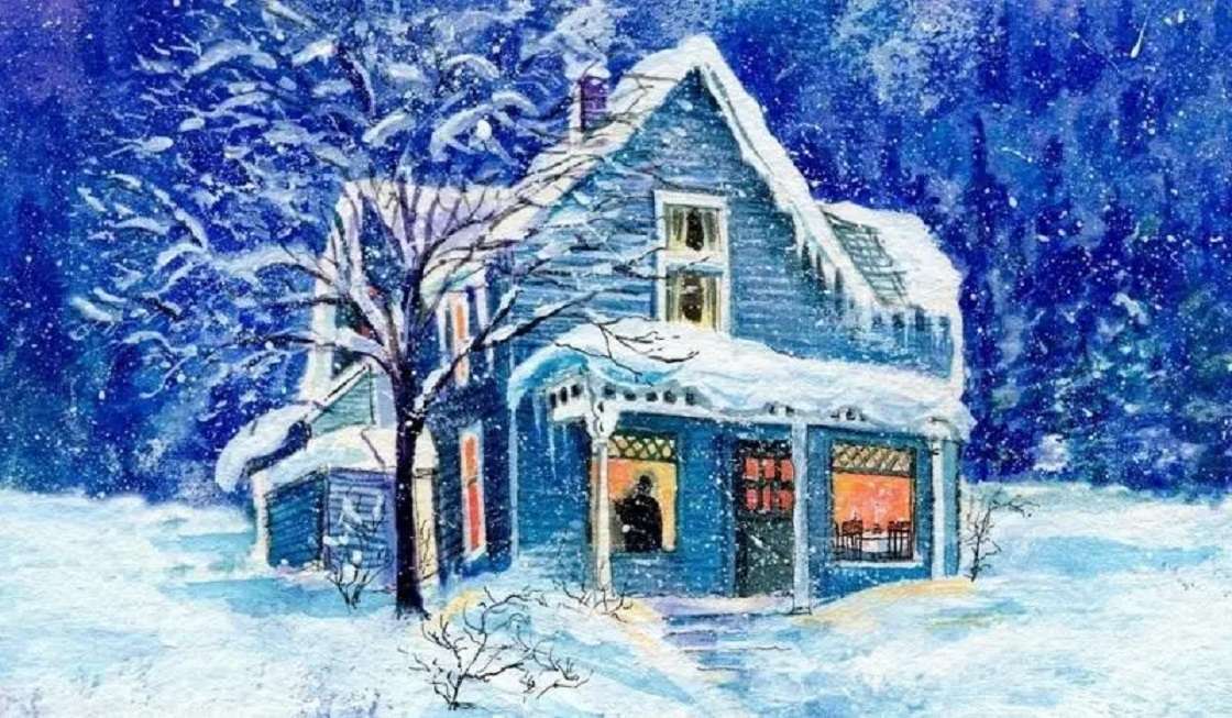 Winter Wonderland: blått hus i skogen Pussel online