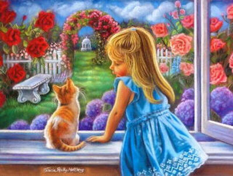 Kleines Mädchen und Kätzchen am Fenster Puzzlespiel online