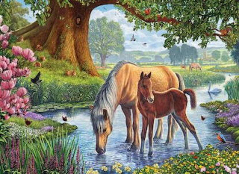 Piccoli cavalli che bevono acqua dal fiume puzzle online