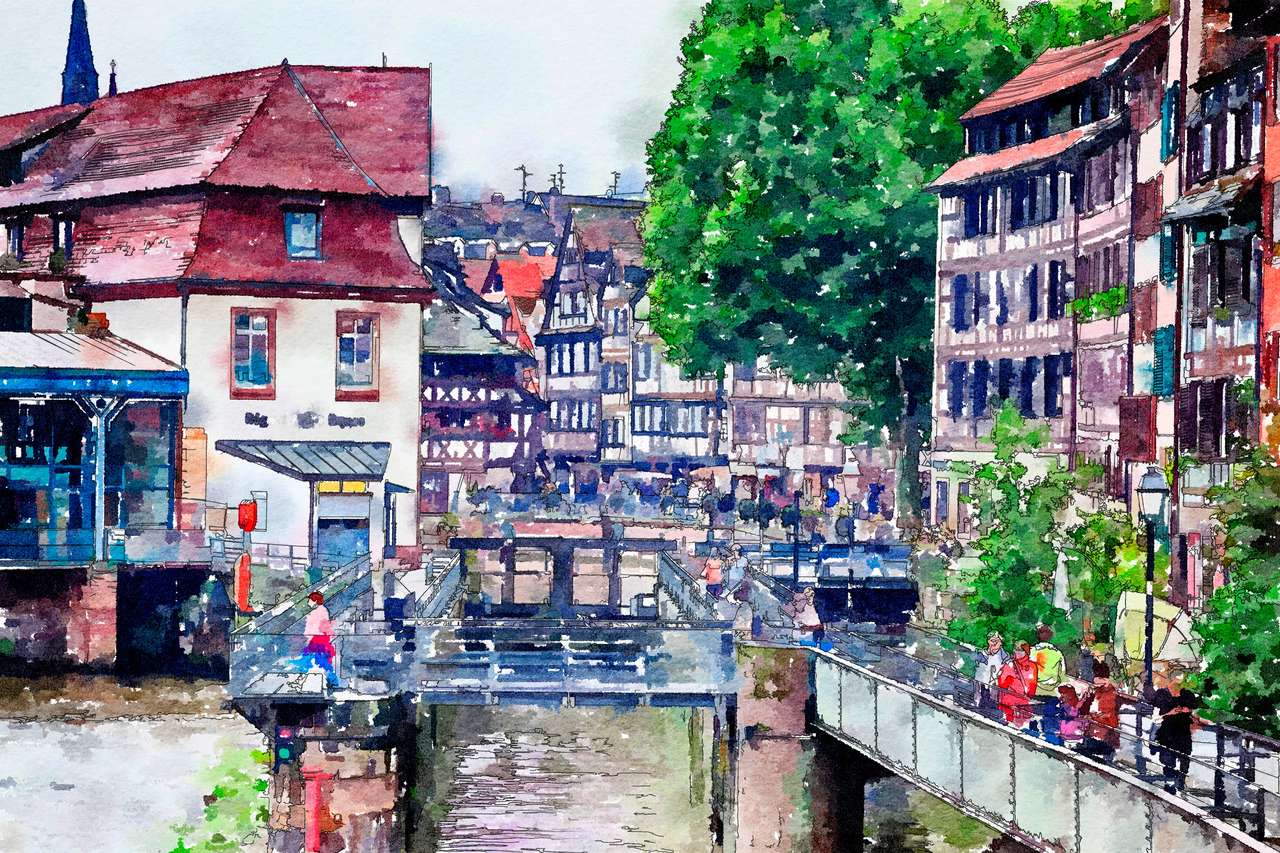 csatornák és utcák Strasbourgban, akvarell stílusban online puzzle
