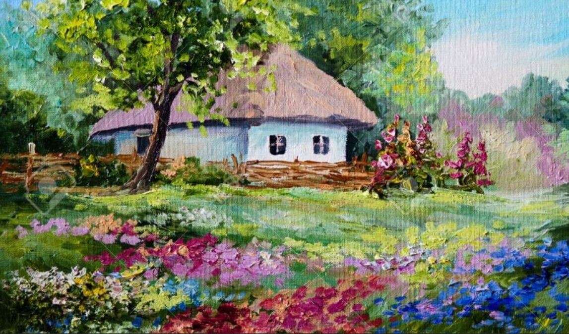 Huisje op het platteland (olieverfschilderij) legpuzzel online