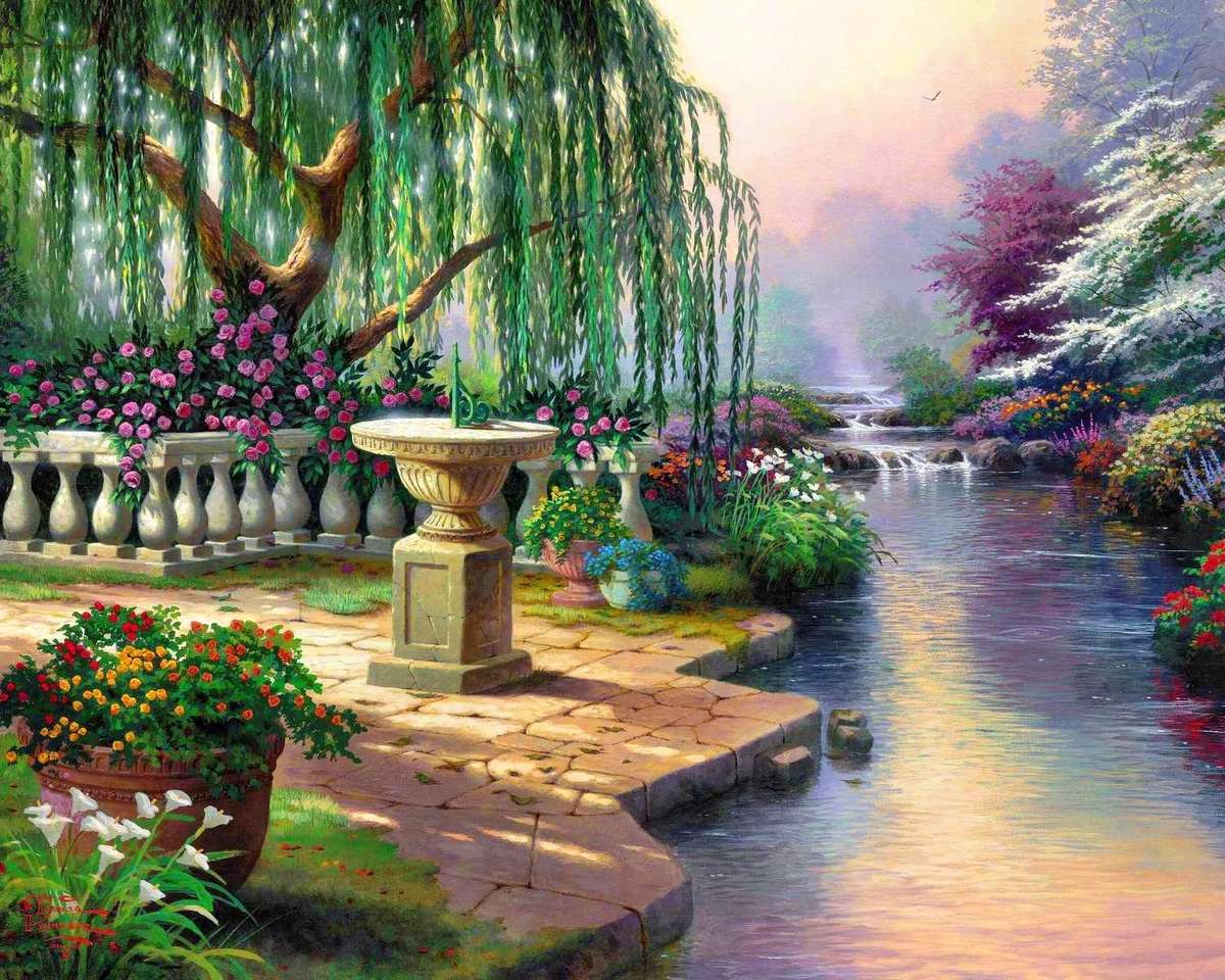 Målning- trädgård med en flod pussel på nätet