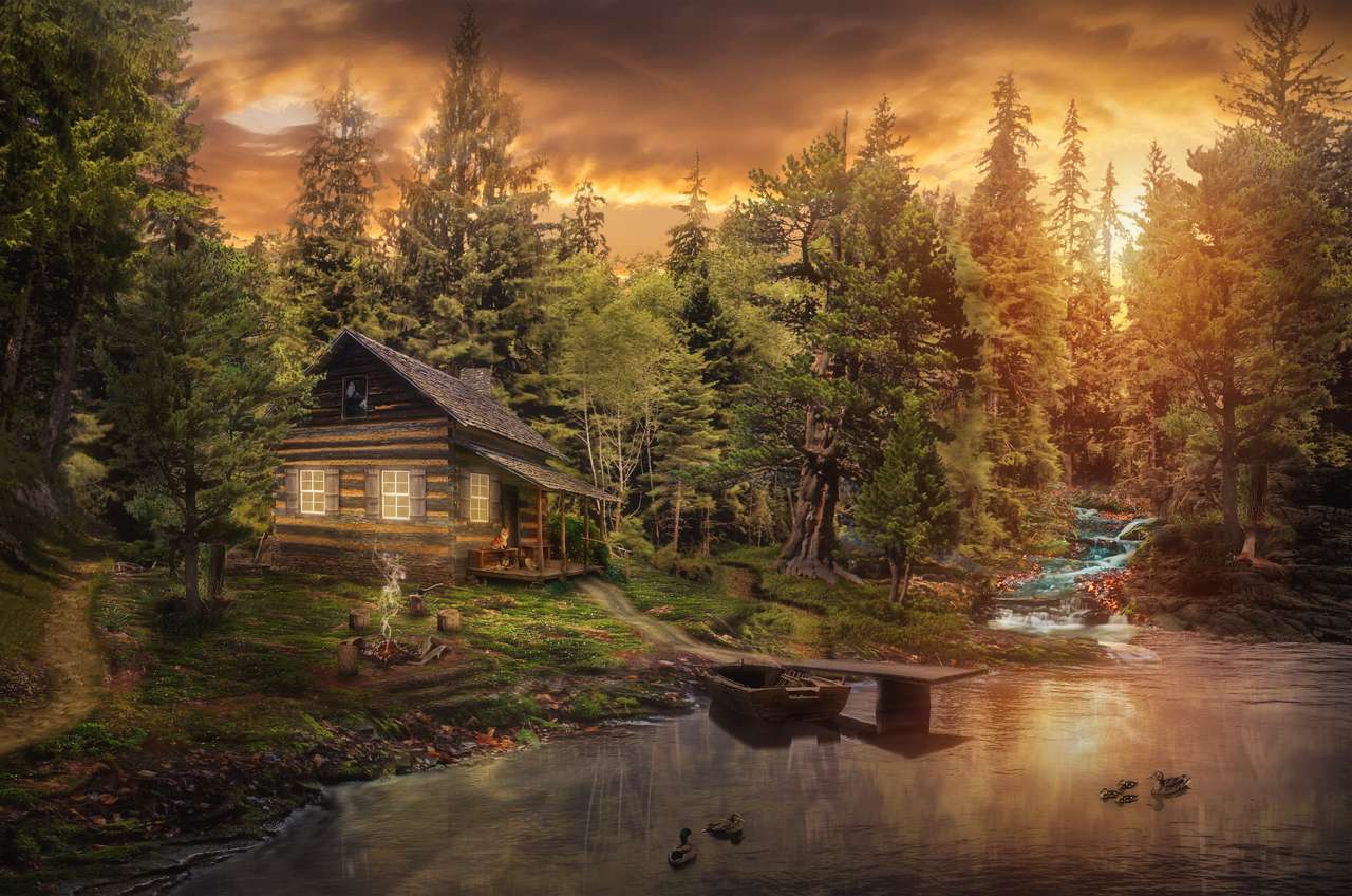Försterhütte am Fluss im Wald Puzzlespiel online
