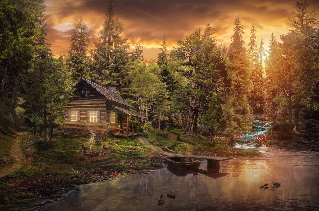 Cabane du forestier au bord de la rivière dans la forêt puzzle en ligne