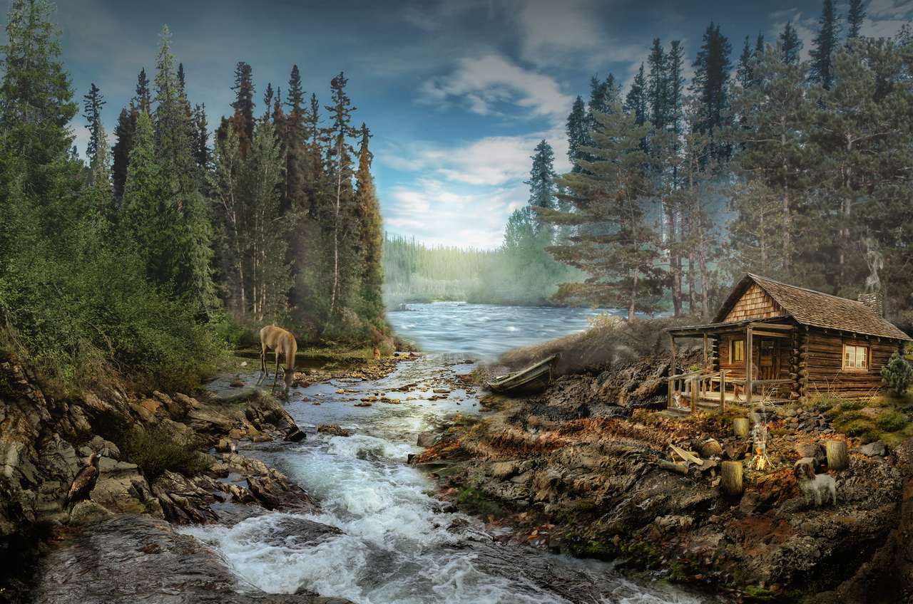 Cabana pădurarului lângă râu în pădure puzzle online