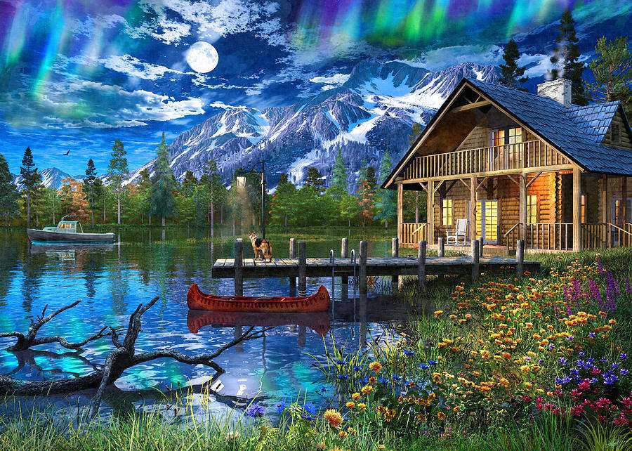 Casa nas montanhas à beira do lago à noite puzzle online