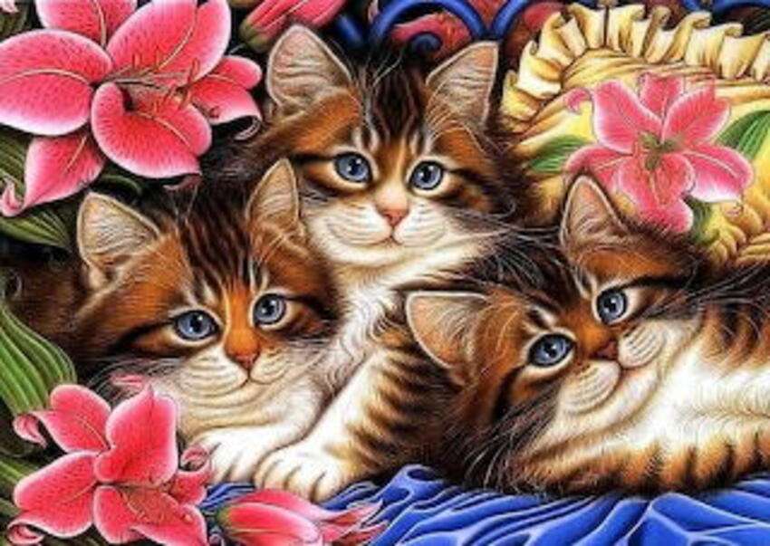 Trojčata koťata mezi květinami skládačky online