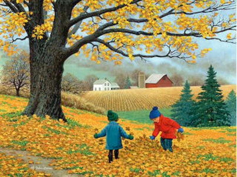 Copii adunând frunze puzzle online