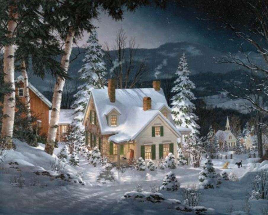Vackert hus i ett snöigt landskap pussel på nätet