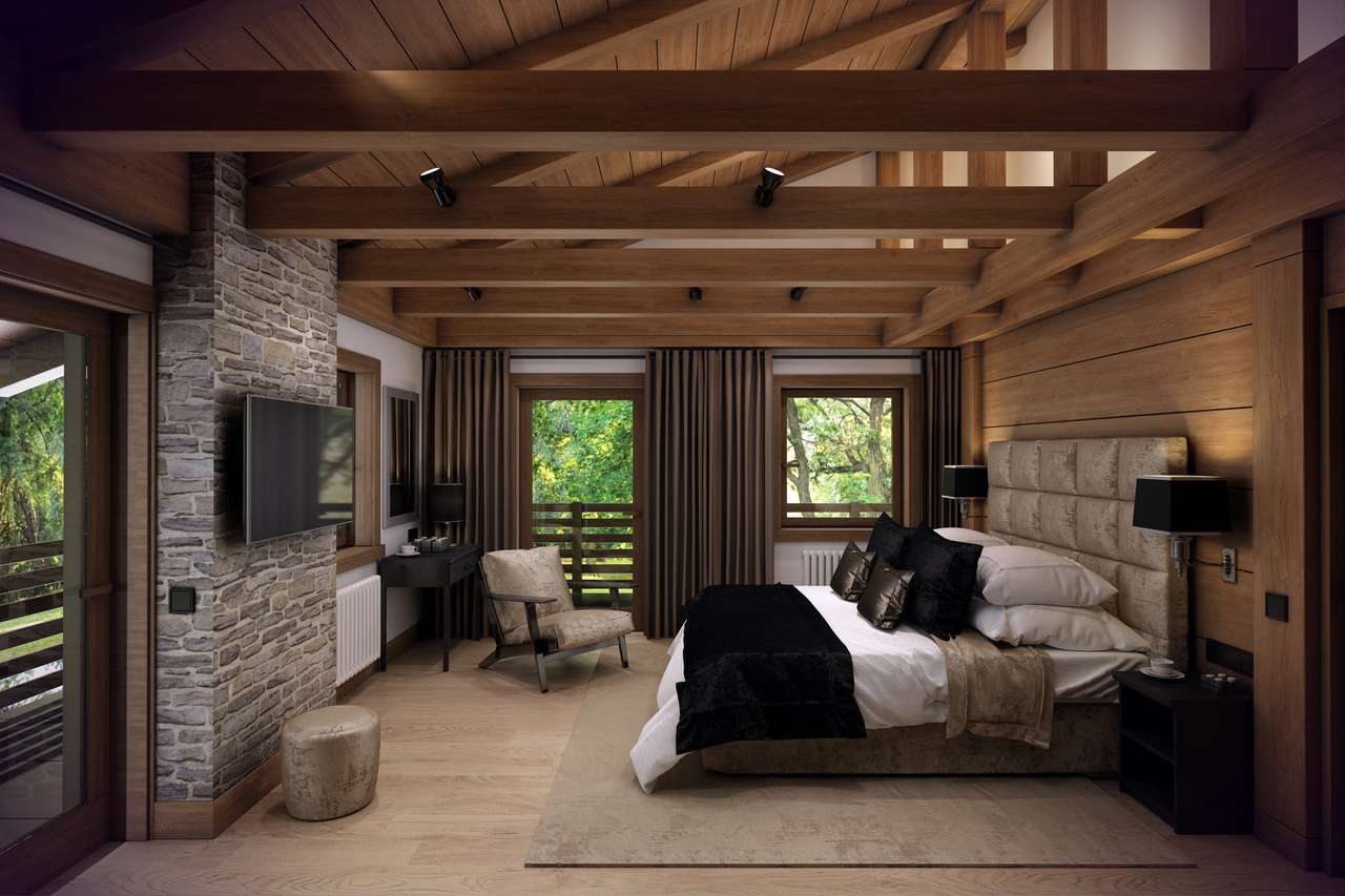 уютна спалня е на тавана на хижа онлайн пъзел