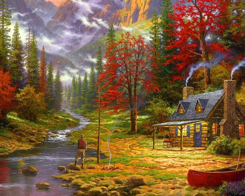 Dům v lese a potok na podzim online puzzle