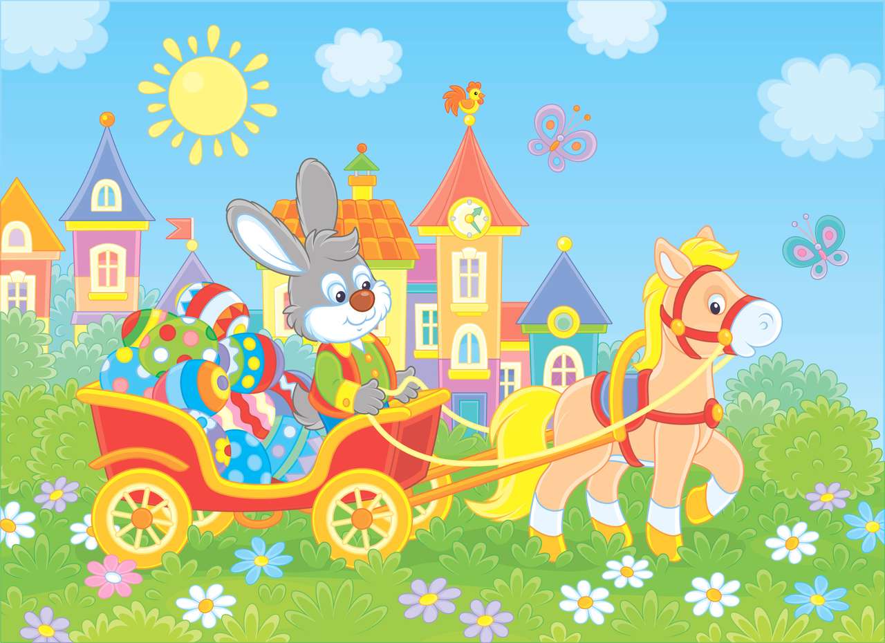 Oeufs de Pâques décorés de couleurs vives dans un chariot puzzle en ligne