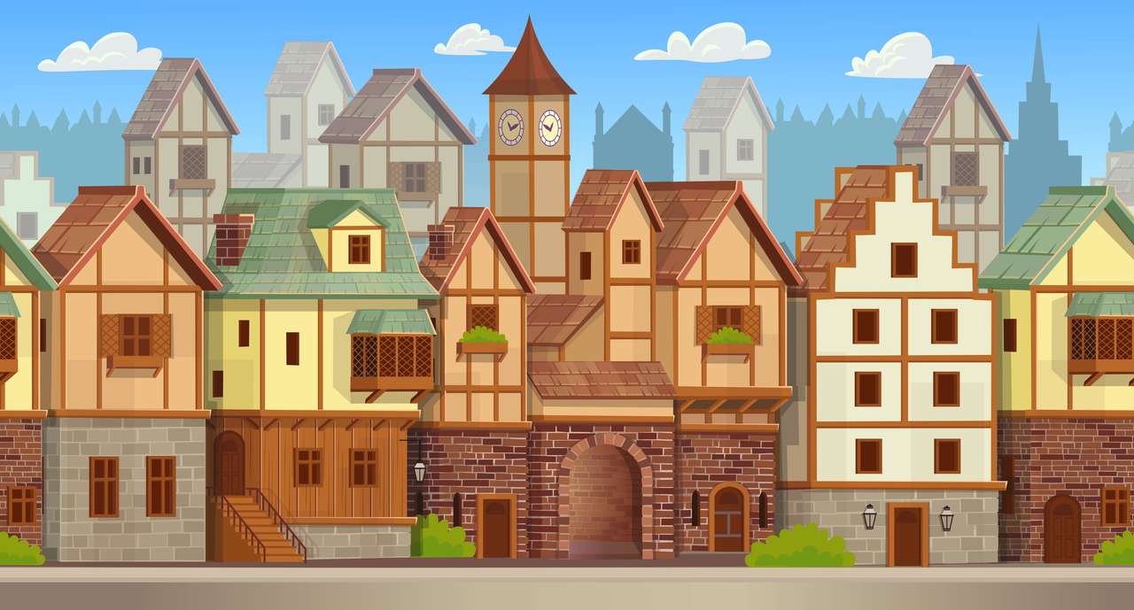 Old city street with chalet style houses online puzzle