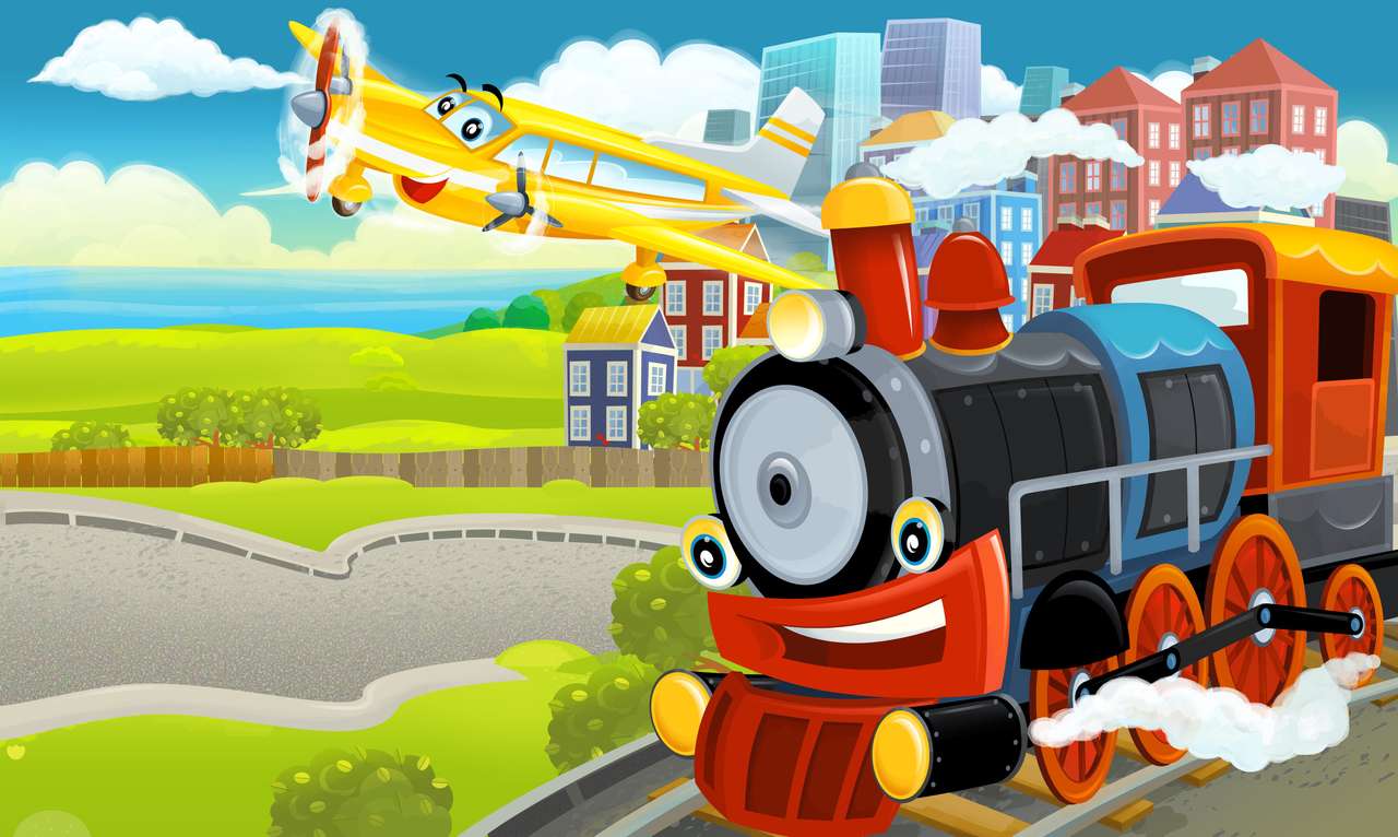 locomotiva del treno a vapore e aereo che volano vicino puzzle online