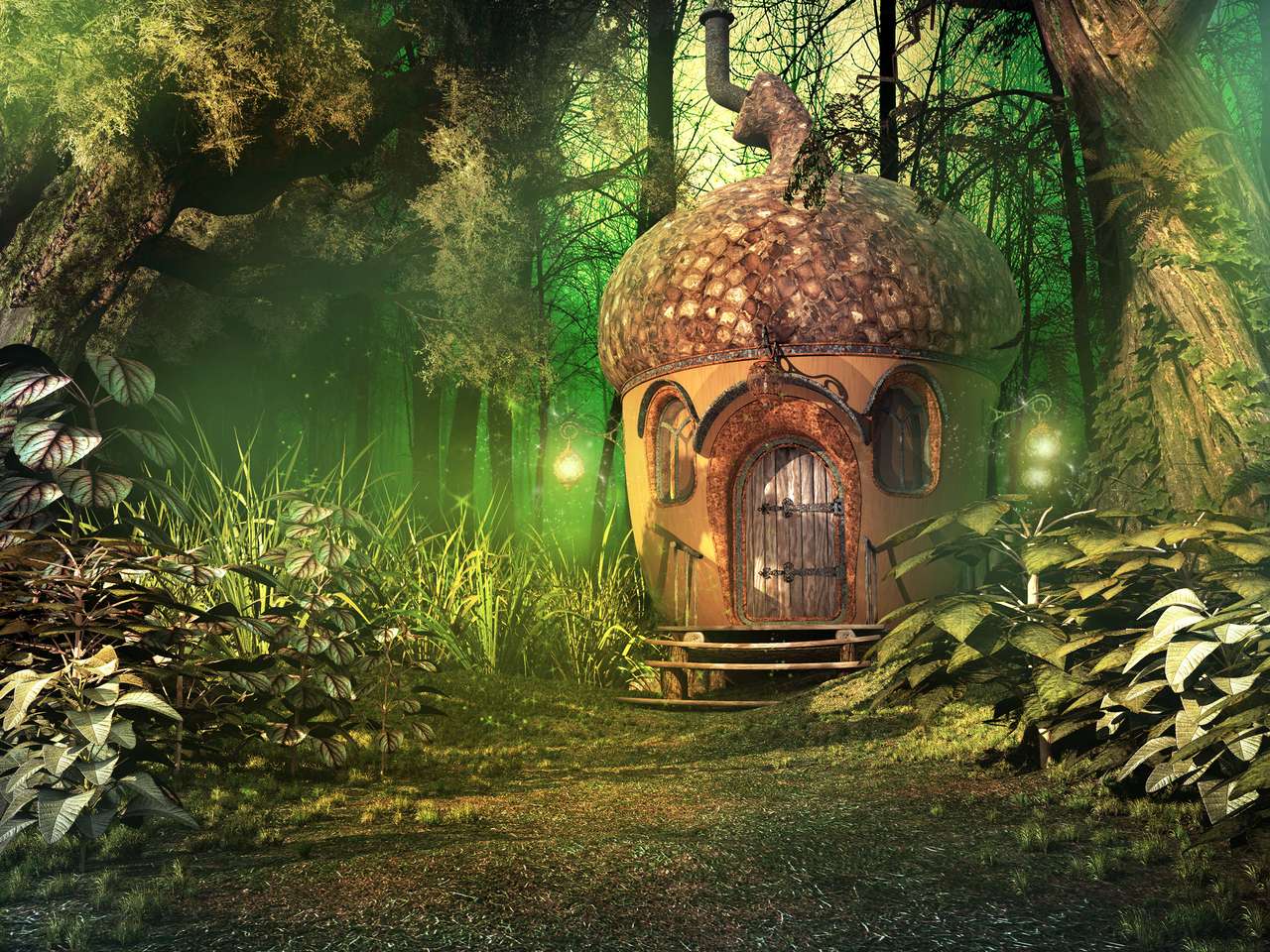 Hluboké lesní scenérie s pohádkovým domem, stromy a rostlinami skládačky online