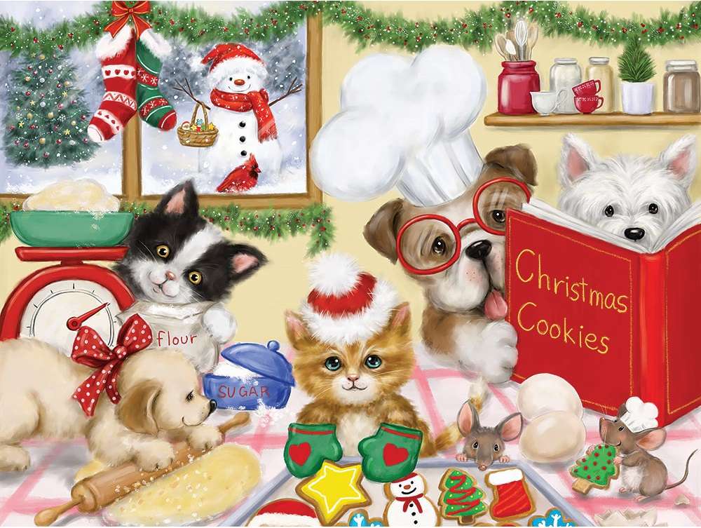 Собаки и кошки делают рождественское печенье пазл онлайн