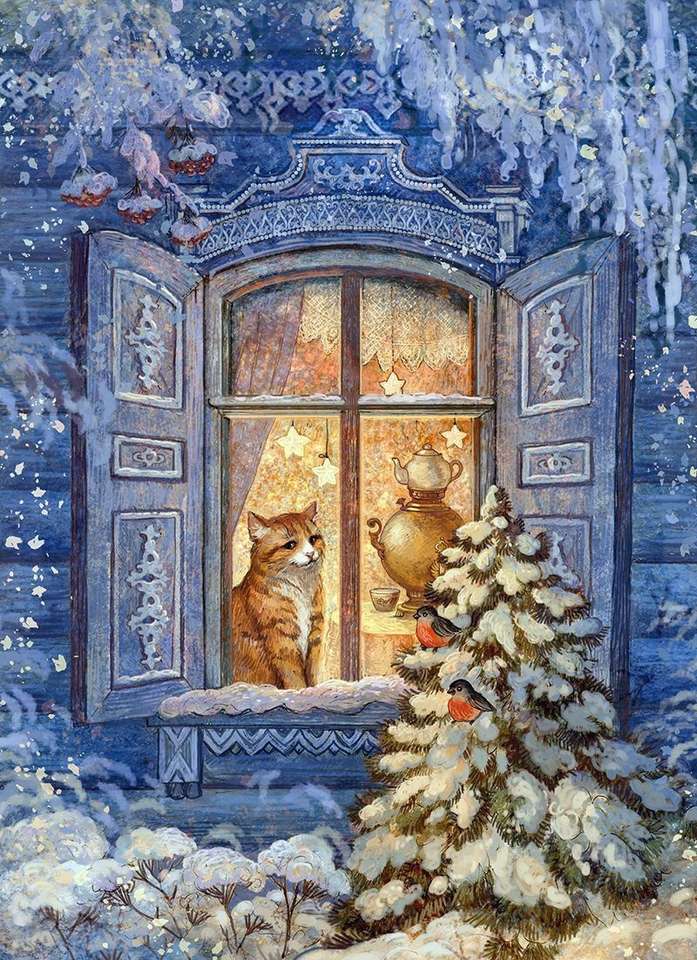 Russische kat bij het raam van een izba met Kerstmis legpuzzel online