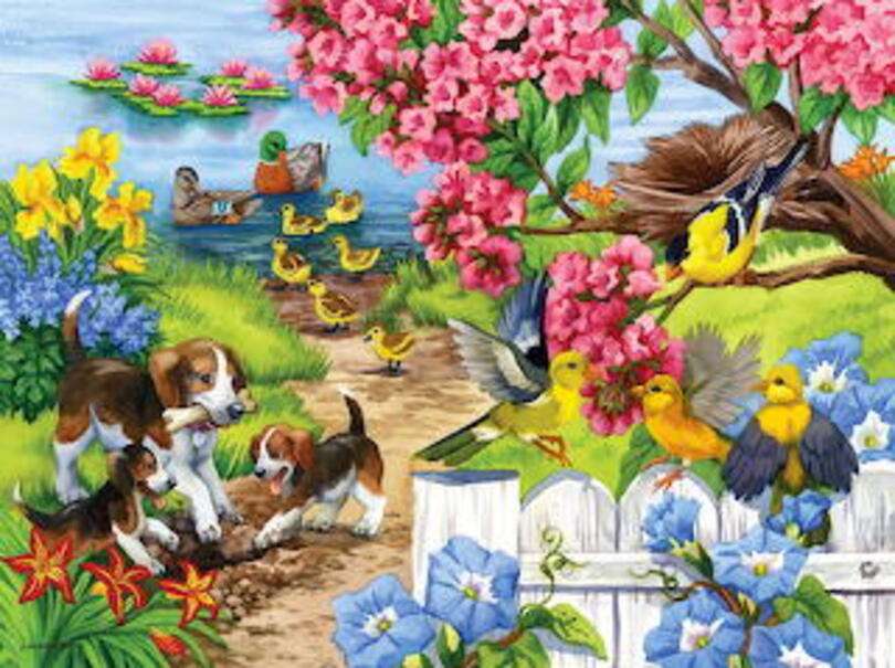 Puppies playing in garden jigsaw puzzle online