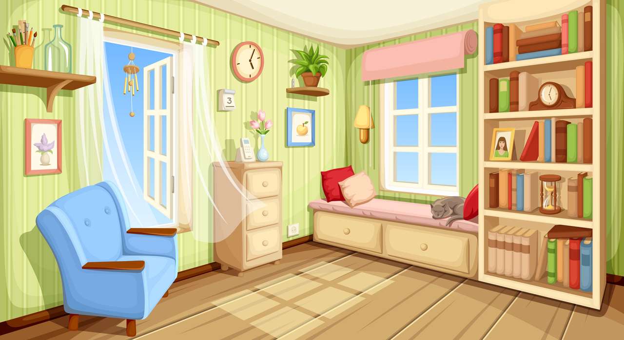 Nice room with bookcase, couch and armchair. jigsaw puzzle online