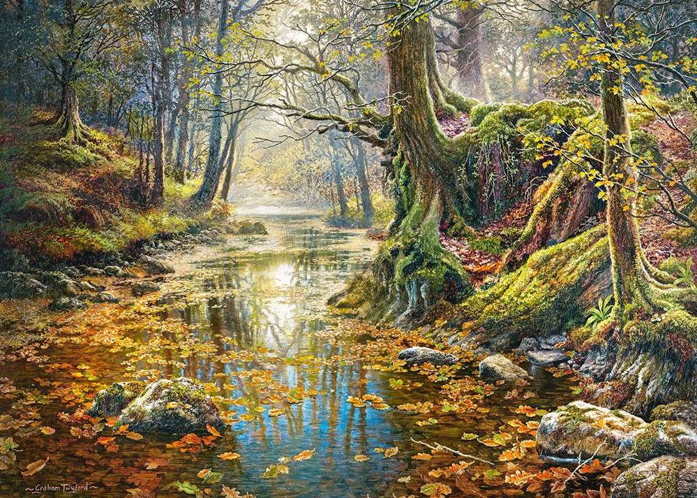 Herbst. Ein Wald mit einem Fluss Puzzlespiel online