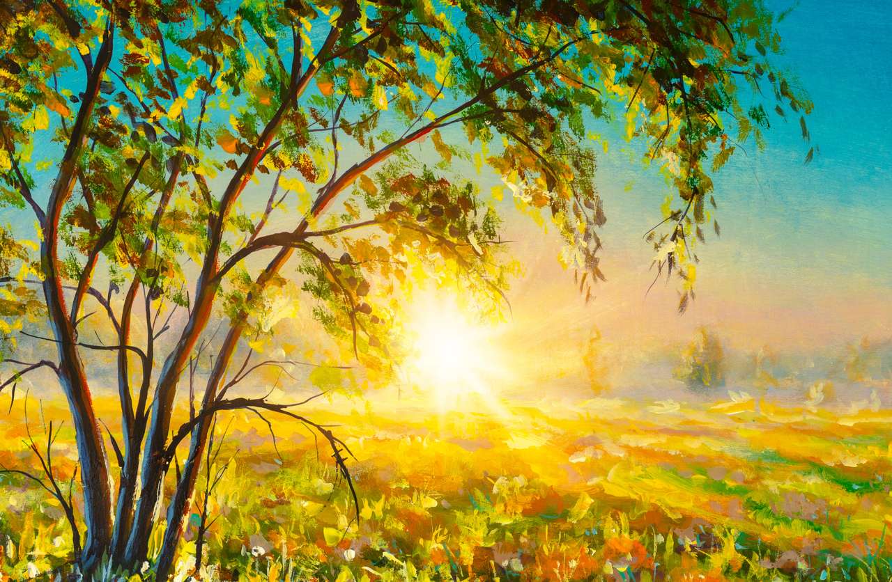 Foggy morning dawn sunset in meadow field jigsaw puzzle online