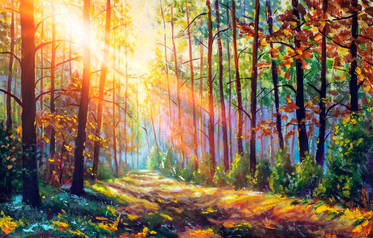 朝日差しの中で素晴らしい秋の森 オンラインパズル