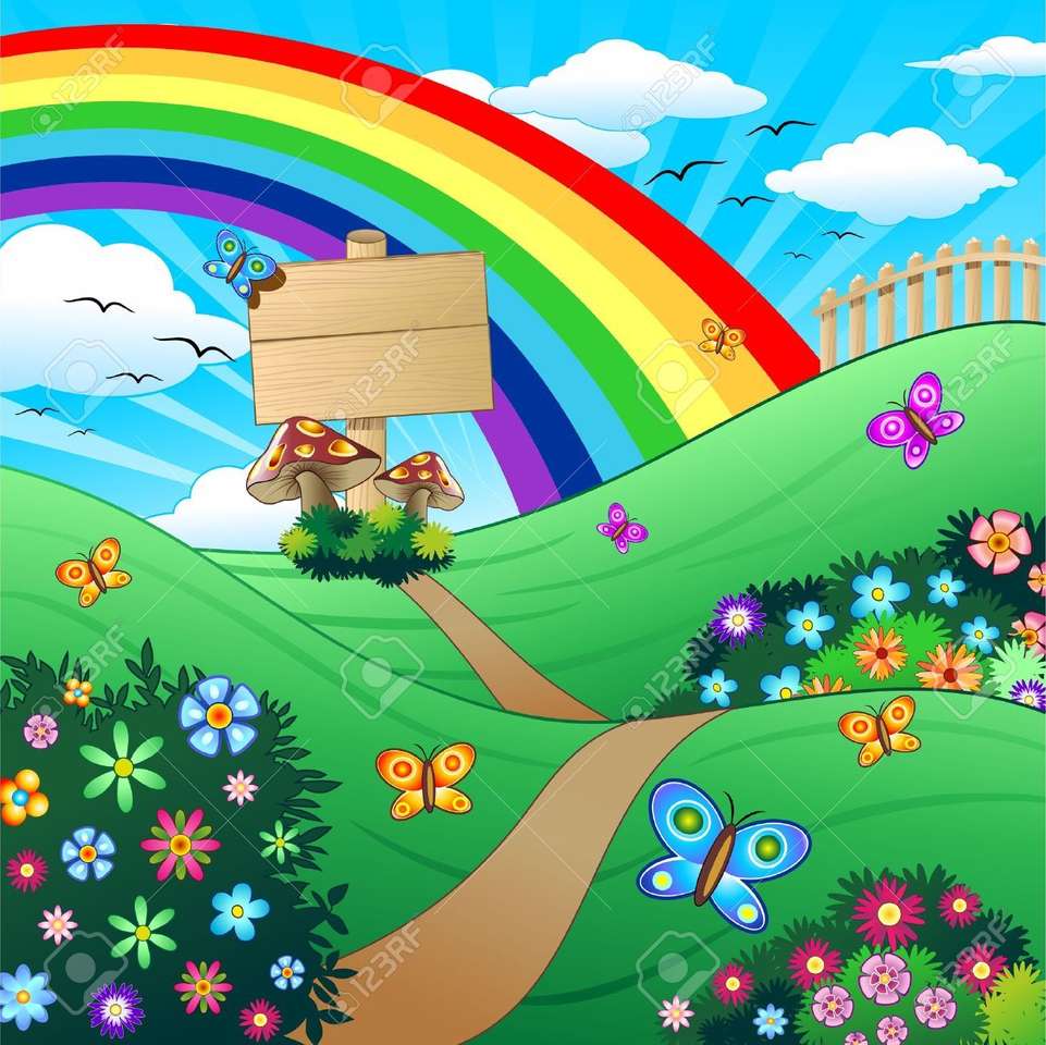 Arco-íris, flores e borboletas quebra-cabeças online