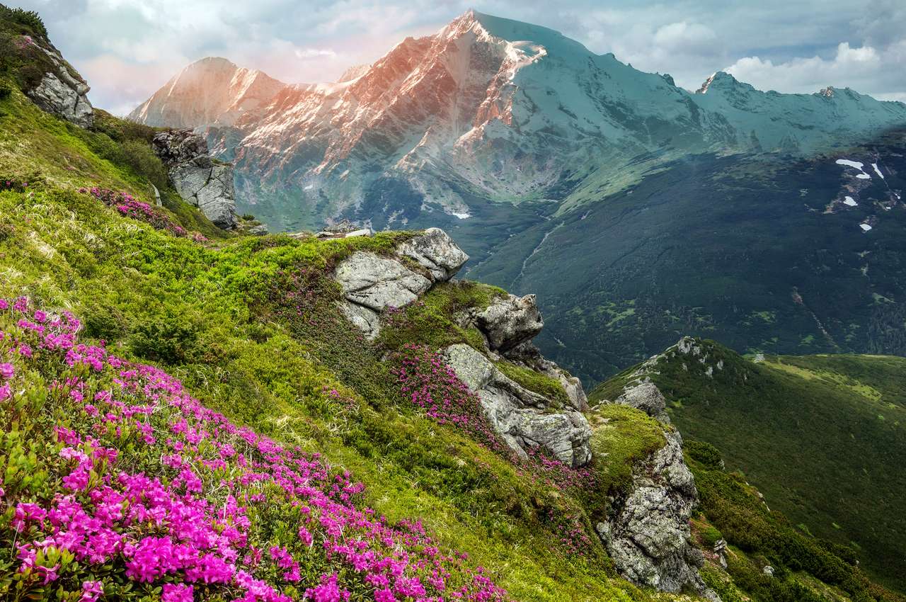Великолепный солнечный пейзаж в горах пазл онлайн