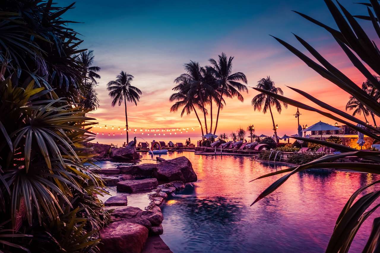 Приголомшливий вид на захід сонця з пальмами онлайн пазл