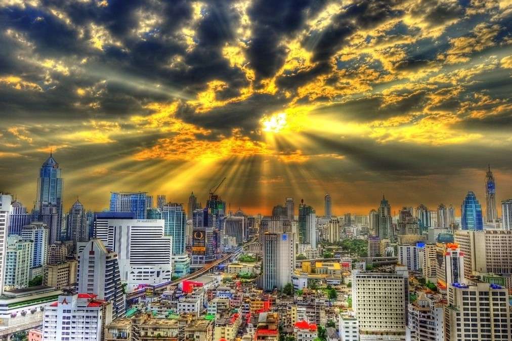 Панорама міста в Америці - захід сонця онлайн пазл