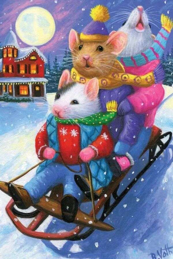 Christmas # 3 - Little mice riding a sleigh online puzzle
