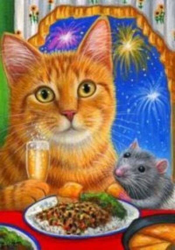 Kerst #7 - Kitten en muis aan het eten online puzzel