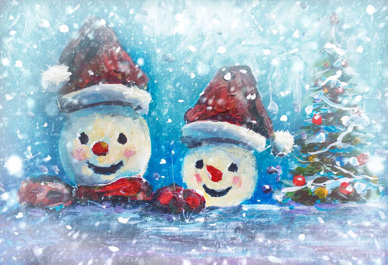 2 χαρούμενοι χιονάνθρωποι και χριστουγεννιάτικο δέντρο online παζλ