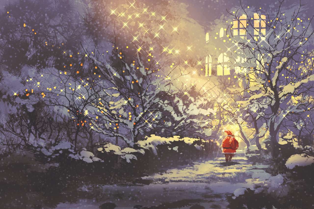 Weihnachtsmann in verschneiter Wintergasse im Park Puzzlespiel online