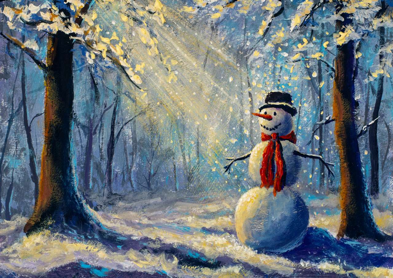 Счастливый снеговик в зимнем лесу пазл онлайн