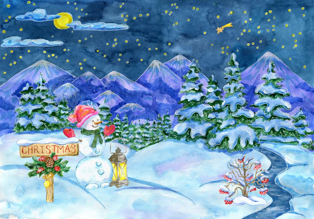 Bonhomme de neige contre le paysage d'hiver et la forêt de sapins puzzle en ligne