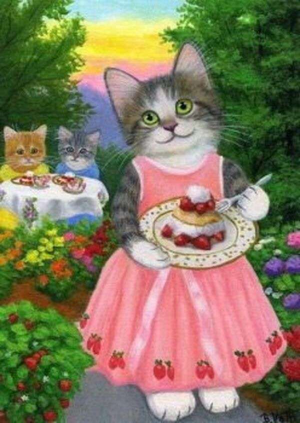 Elegant kattunge som äter tårta pussel på nätet