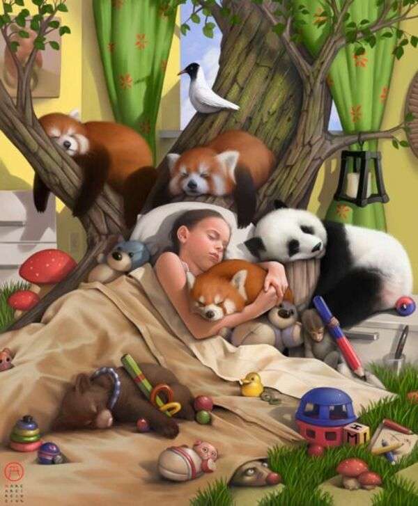 Момиче спи в градината с малки животни онлайн пъзел