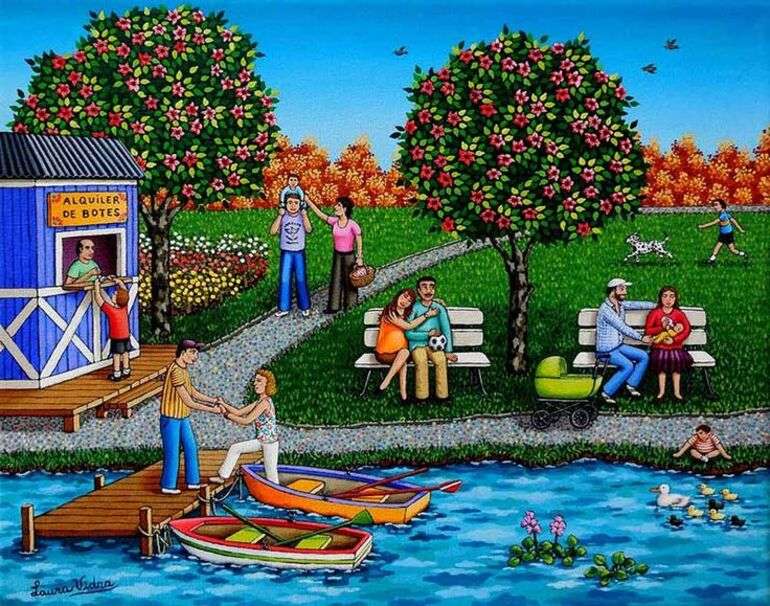 Les gens en voyage sur le lac avec des bateaux puzzle en ligne