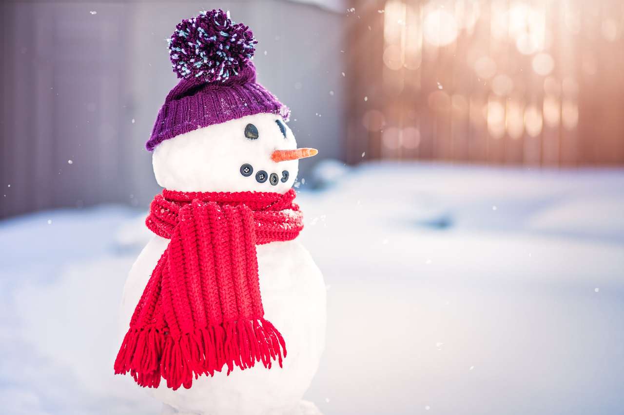 Boneco de neve sorridente com chapéu roxo e lenço vermelho puzzle online