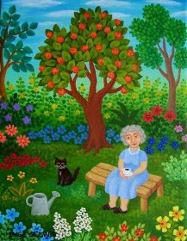 Granny drinking coffee in the garden jigsaw puzzle online