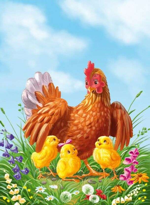 Курица со своими тремя цыплятами пазл онлайн