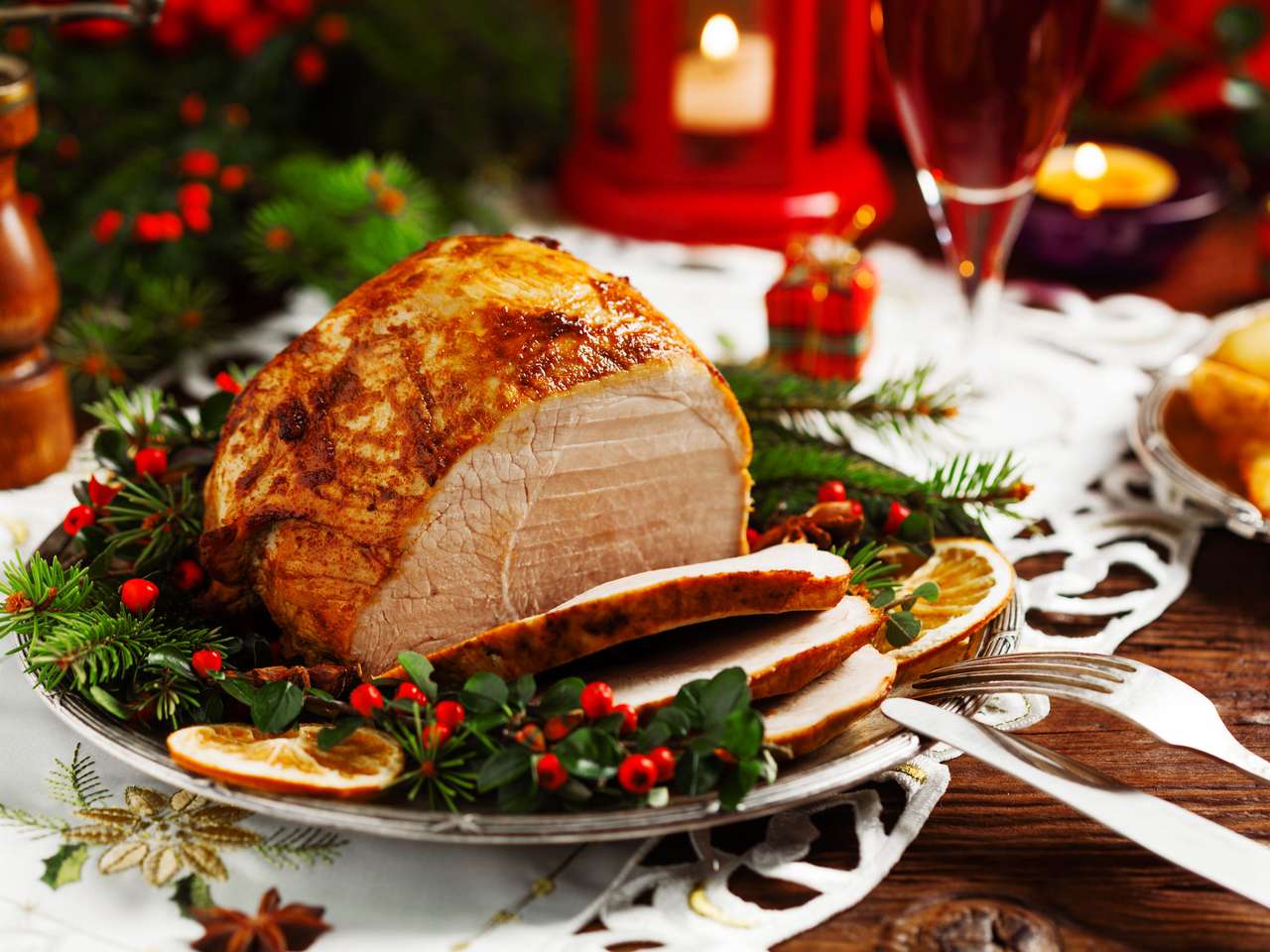 Christmas baked ham, served on the old plate jigsaw puzzle online