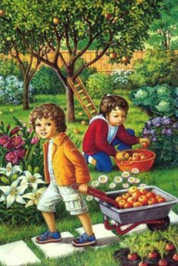 Декорація №47 - Діти збирають яблука онлайн пазл